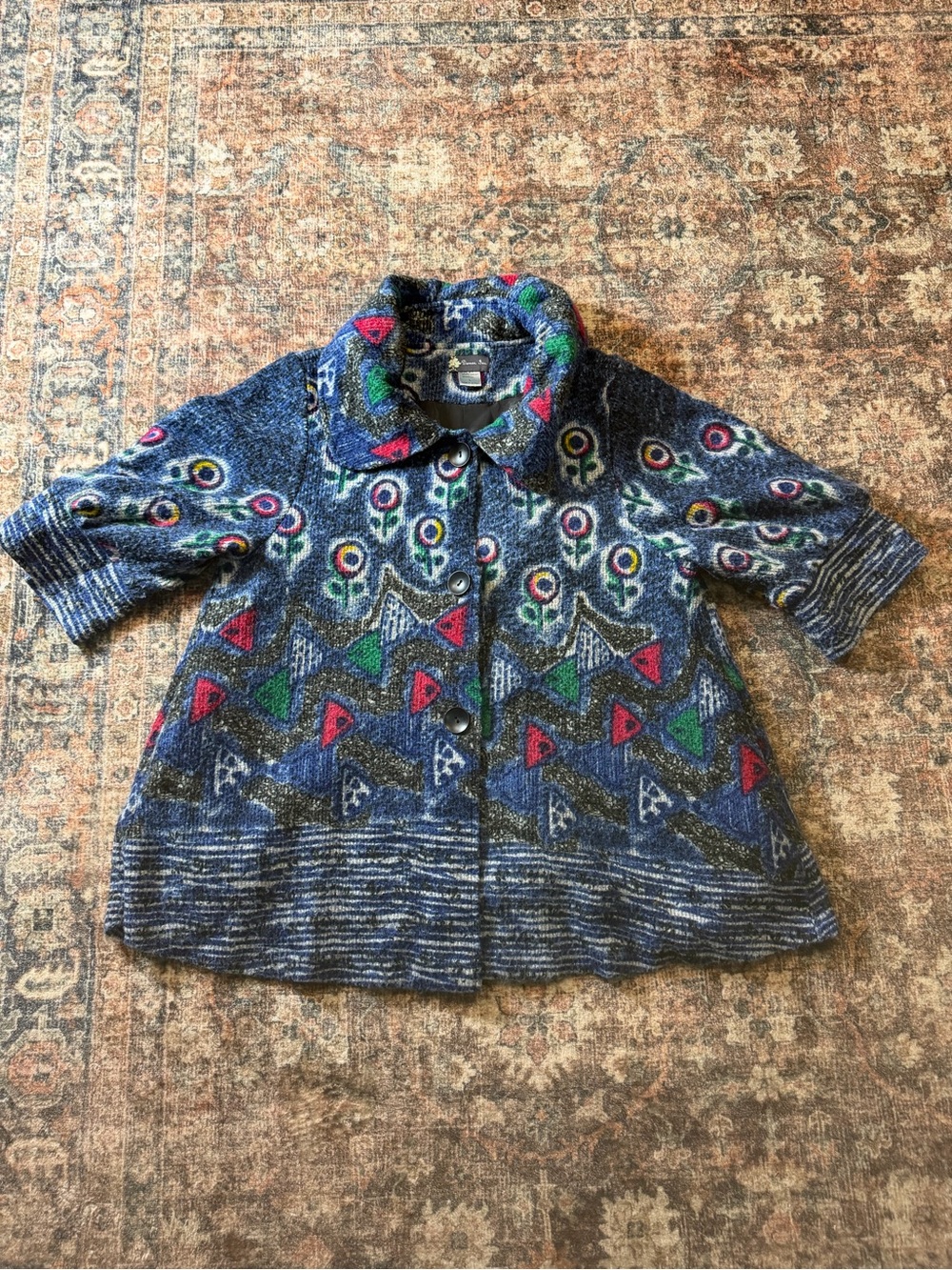 Damee Inc Women’s Art To Wear Jacket Blue Abstract Geometric 3/4 Sleeve size L